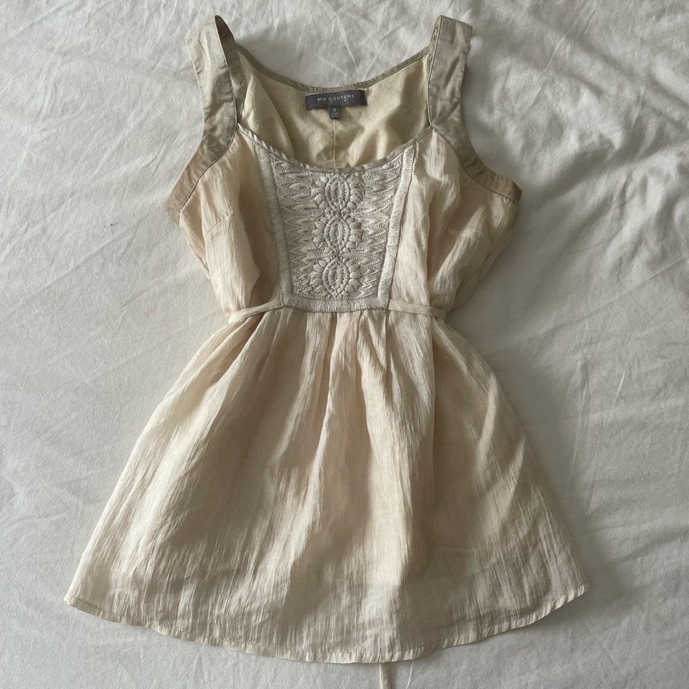 Embroidered Silk Babydoll Empire Waist Back Tie Sleeveless Top